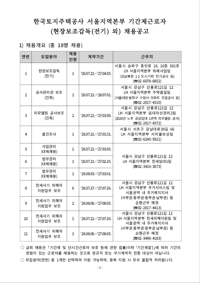 서울지역본부 기간제근로자 채용공고